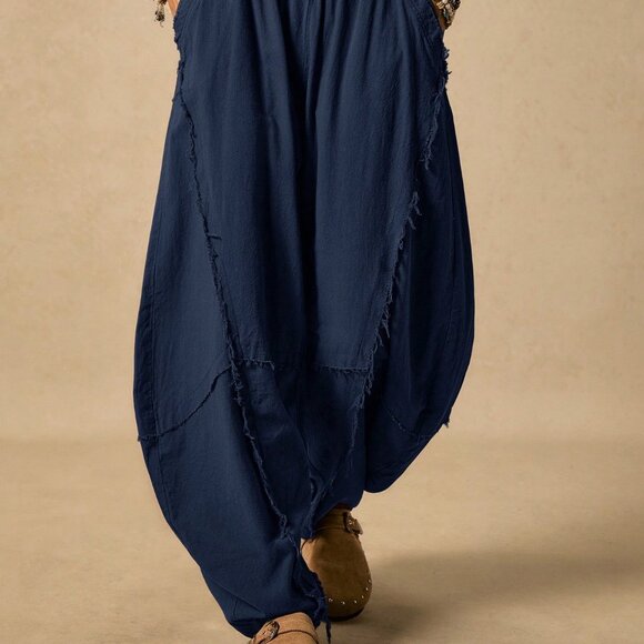 Blue Casual boho Women's Street Chic Minimalist Elastic Waist Side Pocket pants - Picture 4 of 9